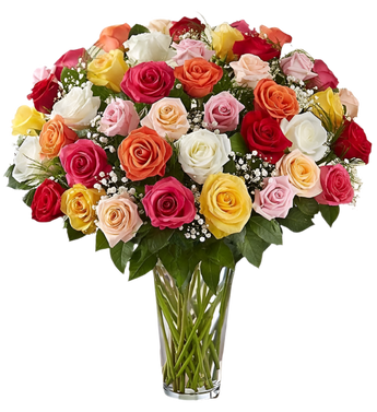 Jarrón con 50 rosas multicolores de Doral Roses Miami, ideal para regalar en Miami con entrega inmediata el mismo día.